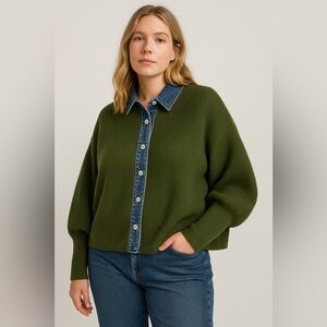 Commense Panel Breasted Stretch Lapel Knit Top Olive Green size M‎